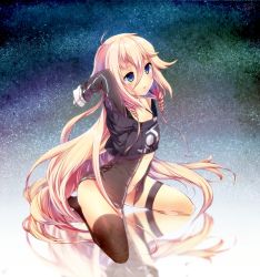 Rule 34 | 1girl, ahoge, arm up, black thighhighs, blue eyes, bottomless, braid, crop top, hair between eyes, ia (vocaloid), long hair, looking up, open clothes, pink hair, reflection, sana (unyata), seiza, single thighhigh, sitting, sky, sleeves past wrists, solo, spread legs, star (sky), starry sky, thigh strap, thighhighs, twin braids, undressing, very long hair, vocaloid
