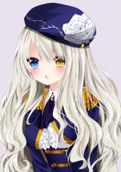 Rule 34 | 1girl, :o, ascot, bad id, bad pixiv id, beret, blue eyes, blue hat, blue jacket, blush, brooch, commentary request, epaulettes, eyes visible through hair, floral print, grey background, hair between eyes, hat, heterochromia, jacket, jewelry, long hair, looking at viewer, military jacket, nanase nao, original, parted lips, print headwear, purple ascot, silver hair, simple background, sketch, solo, upper body, very long hair, yellow eyes