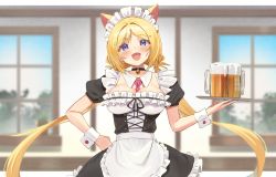 Rule 34 | 1girl, aki rosenthal, alcohol, alternate costume, animal ears, apron, beer, beer mug, bell, between breasts, black choker, blonde hair, breasts, cat ears, choker, cup, detached collar, enmaided, frilled apron, frills, hand on own hip, highres, hololive, long hair, looking at viewer, low twintails, maid, maid headdress, mug, neck bell, necktie, necktie between breasts, open mouth, parted bangs, pink necktie, puffy short sleeves, puffy sleeves, purple eyes, short sleeves, smile, solo, tray, twin (tt lsh), twintails, upper body, very long hair, virtual youtuber, waist apron, white apron, window, wrist cuffs