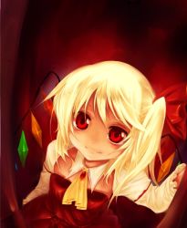 Rule 34 | 1girl, alternate costume, blonde hair, crystal, fang, female focus, flandre scarlet, from above, hair ribbon, long sleeves, no headwear, no headwear, red eyes, red theme, ribbon, samanta, side ponytail, smile, solo, embodiment of scarlet devil, touhou