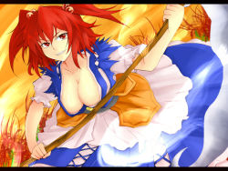 Rule 34 | 1girl, breasts, cleavage, dress, female focus, flower, grin, hair bobbles, hair ornament, large breasts, onozuka komachi, red eyes, red hair, scythe, short hair, short twintails, smile, solo, spider lily, touhou, twintails, two side up, yude