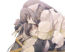 Rule 34 | 2girls, ainu clothes, aquaplus, black hair, closed eyes, crying, eyelashes, family, hair ornament, height difference, holding person, hug, kafein tyudoku, kuon (utawarerumono), layered sleeves, long hair, long sleeves, mother and daughter, multiple girls, open mouth, ponytail, sidelocks, smile, swept bangs, utawarerumono, utawarerumono: itsuwari no kamen, utawarerumono: lost flag, very long hair, yuzuha (utawarerumono)
