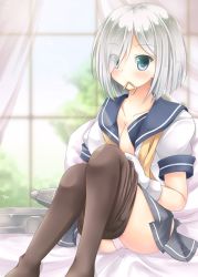 Rule 34 | 10s, 1girl, black pantyhose, blue eyes, breasts, cleavage, clothes pull, gloves, hair ornament, hair over one eye, hairclip, hamakaze (kancolle), iris yayoi, kantai collection, looking at viewer, mouth hold, panties, pantyhose, pantyhose pull, pantyshot, personification, school uniform, serafuku, short hair, silver hair, skirt, solo, underwear, upskirt, white panties