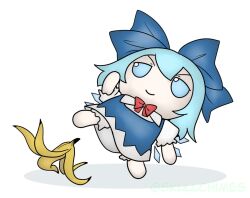 Rule 34 | 1girl, banana peel, blue dress, blue eyes, blue hair, bow, bowtie, cirno, closed mouth, commentary, dress, english commentary, fairy wings, falling, full body, fumo (doll), ice, ice wings, red bow, red bowtie, short hair, simple background, skullchimes, smile, solo, touhou, v-shaped eyebrows, white background, wings