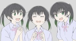 Rule 34 | &gt; &lt;, 1girl, black hair, blush, clone, collared shirt, commentary, commentary request, gradient hair, green eyes, grey background, hair between eyes, jeffraysann, looking at viewer, love live!, love live! nijigasaki high school idol club, medium hair, multicolored hair, neck ribbon, nijigasaki school uniform, open mouth, palms together, pink ribbon, ribbon, school uniform, shirt, short sleeves, sidelocks, summer uniform, sweatdrop, takasaki yu, twintails, upper body, wavy mouth