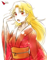 Rule 34 | 1girl, 6 (yuchae), alternate costume, blonde hair, blush, collarbone, fang, floral print, hand in own hair, horns, hoshiguma yuugi, japanese clothes, kimono, leaf print, long hair, long sleeves, looking at viewer, no horns, obi, open mouth, pointy ears, red eyes, red kimono, sash, simple background, single horn, solo, touhou, very long hair, white background, wide sleeves, yukata