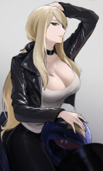 Rule 34 | 1girl, absurdres, biker clothes, black jacket, black pants, blonde hair, breasts, cleavage, commentary, creatures (company), cynthia (pokemon), english commentary, game freak, grey background, grey eyes, hair ornament, hair over one eye, hand on own head, helmet, highres, jacket, large breasts, leather, leather jacket, long hair, looking at viewer, motor vehicle, motorcycle, motorcycle helmet, nintendo, on motorcycle, open clothes, open jacket, pants, pokemon, pokemon dppt, shirt, smile, solo, tommy (kingdukeee), white shirt
