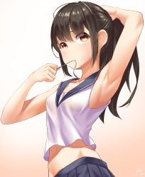 Rule 34 | 1girl, absurdres, arm up, armpits, bad id, bad pixiv id, bare arms, black hair, blush, gradient background, highres, mouth hold, navel, original, ponytail, red eyes, shirt, sleeveless, sleeveless shirt, solo, star741, stomach, white background, white shirt