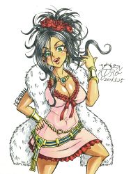 Rule 34 | 1girl, black hair, blue eyes, breasts, cleavage, deborah (dq5), dragon quest, dragon quest v, earrings, flower, gengoro akemori, hair flower, hair ornament, hand on own hip, jewelry, knee up, large breasts, long hair, mole, necklace, one knee up, rose, solo, square enix, tongue, tongue out