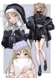 Rule 34 | absurdres, black jacket, black mask, black shirt, black skirt, chest harness, crop top, gloves, habit, hands in pockets, harness, highres, jacket, light brown hair, long hair, looking at viewer, mask, mouth mask, multiple views, nijisanji, nun, off shoulder, official alternate costume, official alternate hairstyle, open clothes, open jacket, pajamas, phzimi000, pillow, shirt, sister claire, sister claire (1st costume), sister claire (7th costume), sister claire (9th costume), skirt, solo, streetwear, traditional nun, two side up, virtual youtuber, yellow eyes