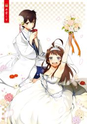 Rule 34 | 10s, 2girls, :d, ahoge, arm up, armpits, blue eyes, bouquet, breasts, bridal veil, bride, brown eyes, brown hair, cleavage, cup, detached sleeves, dress, elbow gloves, flower, gloves, hair flower, hair ornament, highres, japanese clothes, jewelry, kaga (kancolle), kantai collection, kanzashi, kimono, kongou (kancolle), looking at viewer, medium breasts, multiple girls, necklace, open mouth, pearl necklace, sakazuki, scan, side ponytail, smile, strapless, strapless dress, suko mugi, tiara, translation request, uchikake, veil, wedding dress, white dress