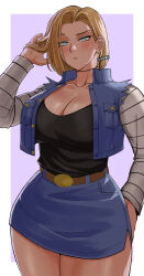 Rule 34 | 1girl, android 18, blonde hair, blue eyes, breasts, cleavage, curvy, dragon ball, gud0c, highres, large breasts, skirt, solo, thick thighs, thighs
