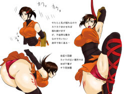 Rule 34 | 1girl, ass, bare shoulders, breasts, brown hair, capcom, elbow gloves, gloves, hair ornament, hairclip, hanging breasts, huge ass, huge breasts, japanese clothes, kaede (onimusha), kimono, leaning, leaning forward, ninja, onimusha, open mouth, panties, red panties, shiny skin, short hair, short kimono, solo, thighhighs, translation request, underwear