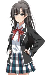 Rule 34 | 1girl, aged down, black hair, black jacket, blazer, blush, closed mouth, commentary request, cowboy shot, dars (recolors), dress shirt, grey eyes, hair between eyes, hands on own hips, high ponytail, hiratsuka shizuka, jacket, light blush, long hair, long sleeves, looking at viewer, neck ribbon, plaid, plaid skirt, pleated skirt, red ribbon, ribbon, school uniform, shirt, simple background, skirt, smile, solo, standing, white background, wide ponytail, wing collar, yahari ore no seishun lovecome wa machigatteiru.