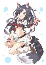 Rule 34 | 1girl, animal ear fluff, animal ears, azur lane, black hair, blush, bra, breasts, brown footwear, claw pose, cleavage, fang, full body, gazacy (dai), highres, loafers, long hair, loose socks, medium breasts, midriff, nail polish, open mouth, pleated skirt, red eyes, red nails, red neckwear, sailor collar, shigure (azur lane), shoes, short sleeves, simple background, skirt, socks, solo, sweatband, tail, two-tone background, underwear, white legwear, white skirt, wolf ears, wolf tail