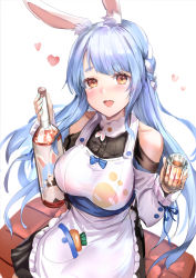 Rule 34 | 1girl, alcohol, animal ears, apron, bare shoulders, blue hair, blush, bottle, braid, breasts, carrot, commentary request, cup, heart, himonoata, hololive, large breasts, long hair, long sleeves, looking at viewer, mature female, multicolored hair, open mouth, pekomama, rabbit ears, rabbit girl, sake, sake bottle, simple background, sitting, smile, solo, two-tone hair, virtual youtuber, white apron, white background, white hair, yellow eyes