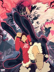 Rule 34 | 2boys, arm tattoo, black hair, black shirt, charlotte katakuri, dutch angle, emphasis lines, facing viewer, fleeing, foreshortening, formal, fur-trimmed shorts, fur scarf, fur trim, haki, highres, looking at another, male focus, monkey d. luffy, multiple boys, one piece, outline, outstretched hand, pink background, pink hair, pink outline, pink theme, red suit, running, sandals, sanpaku, scarf, shirt, short hair, shorts, size difference, suit, taku (aywakutakuay), tattoo, teeth, v-shaped eyebrows, very short hair