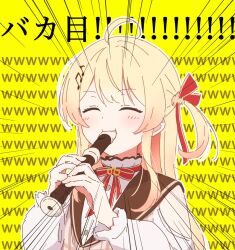 Rule 34 | 1girl, ahoge, ama (ama ekaku), blonde hair, closed eyes, emphasis lines, flute, fortissimo, hair ornament, highres, holding flute, holding instrument, hololive, hololive dev is, instrument, long hair, music, musical note, musical note hair ornament, otonose kanade, playing instrument, recorder, virtual youtuber, yellow background