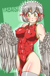 Rule 34 | 1girl, abs, blood, breasts, china dress, chinese clothes, covered erect nipples, dress, futaba channel, harpy, large breasts, monster girl, muscular, muscular female, nijiura maids, short hair, skin tight, solo, sorahachi midoro, thighhighs, winged arms, wings, yabai, yellow eyes