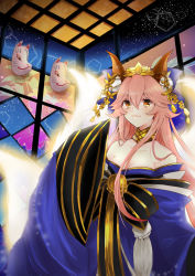Rule 34 | 1girl, animal ear fluff, animal ears, bare shoulders, bell, blue bow, blue dress, blue kimono, blue ribbon, bow, breasts, ceiling, choker, cleavage, closed mouth, collarbone, crown, dress, fate/extra, fate/grand order, fate (series), fox ears, fox girl, fox mask, fox tail, hair between eyes, hair bow, hair ribbon, indoors, japanese clothes, kimono, kitsune, light blush, long hair, long sleeves, looking to the side, mask, merokonbu0, multiple tails, obi, off shoulder, official alternate costume, pink hair, ribbon, room, sash, sidelocks, smile, solo, standing, tail, tamamo (fate), tamamo no mae (fate/extra), tamamo no mae (third ascension) (fate), very long hair, yellow eyes