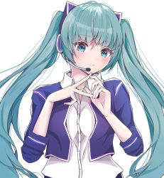 Rule 34 | 1girl, alternate costume, bad id, bad pixiv id, blue eyes, blue hair, hatsune miku, headset, long hair, looking to the side, own hands together, shiina melia, solo, twintails, vocaloid, white background