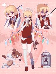 Rule 34 | 10000 we, 1boy, absurdres, ascot, blonde hair, blood, blush, broken, english text, flandre scarlet, genderswap, genderswap (ftm), heart, heart-shaped pupils, highres, holding, holding stuffed toy, holding toy, looking at viewer, multiple views, pointy ears, puffy short sleeves, puffy sleeves, red eyes, red footwear, red shorts, red vest, shirt, short sleeves, shorts, stuffed animal, stuffed toy, symbol-shaped pupils, teddy bear, touhou, toy, vest, white shirt, wings, yellow ascot