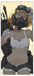 Rule 34 | 1girl, bag, blonde hair, breasts, cleavage, denim, denim shorts, gas mask, gloves, goggles, goggles on head, krenz, mask, navel, original, panties, short hair, shorts, small breasts, solo, striped clothes, striped panties, underwear, white gloves, yellow eyes
