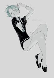Rule 34 | 1other, androgynous, arm up, black footwear, black necktie, black shirt, black shorts, broken arm, collared shirt, colored skin, commentary request, cracked skin, dashi umm, full body, gem uniform (houseki no kuni), green eyes, green hair, grey background, highres, houseki no kuni, invisible chair, loafers, looking at viewer, necktie, other focus, parted lips, phosphophyllite, shirt, shoes, short hair, short shorts, short sleeves, shorts, simple background, sitting, solo, white shirt, white skin