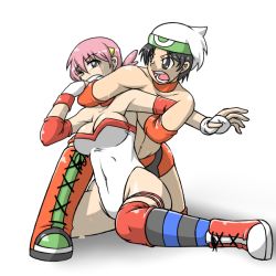Rule 34 | 1boy, 1girl, black hair, breasts, brendan (pokemon), choke hold, cleavage, clenched teeth, creatures (company), fighting, game freak, gloves, gym leader, hairband, large breasts, multicolored hair, navel, nintendo, pain, pokemon, sakasa gurasan, shoes, sneakers, strangling, submission, sweat, tears, teeth, thighs, two-tone hair, white hair, whitney (pokemon), wrestling, wrestling outfit