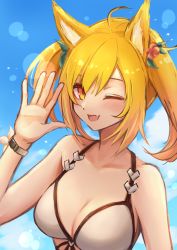 Rule 34 | 1girl, 3 (sanyako1), ;d, absurdres, ahoge, animal ear fluff, animal ears, arknights, bare shoulders, bikini, blonde hair, blush, bracelet, breasts, cleavage, collarbone, fang, highres, jewelry, large breasts, lens flare, looking at viewer, official alternate costume, one-hour drawing challenge, one eye closed, open mouth, short hair, short twintails, skin fang, smile, solo, sora (arknights), sora (summer flowers) (arknights), swimsuit, twintails, upper body, waving, white bikini, wolf ears, yellow eyes