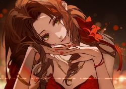 Rule 34 | 1girl, aerith gainsborough, aerith gainsborough (red dress), bare shoulders, bracelet, breasts, brown hair, dress, final fantasy, final fantasy vii, final fantasy vii remake, flower, forehead, green eyes, hair flower, hair ornament, hair ribbon, highres, jewelry, long hair, looking at viewer, medium breasts, multiple necklaces, nail polish, official alternate costume, own hands together, parted bangs, parted lips, red dress, red flower, red nails, red ribbon, ribbon, satsuya, sidelocks, smile, solo, square enix, strapless, strapless dress, upper body, wall market, wavy hair