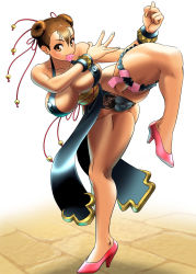 Rule 34 | 1girl, absurdres, alternate costume, anus, bottomless, breasts, brown eyes, brown hair, capcom, chun-li, clitoris, condom, condom in mouth, condom packet strip, condom wrapper, cosine, double bun, covered erect nipples, female pubic hair, high heels, highres, huge breasts, maebari, mouth hold, no panties, pasties, pelvic curtain, pubic hair, pussy, shoes, solo, street fighter, street fighter iv (series), thick thighs, thighs, uncensored