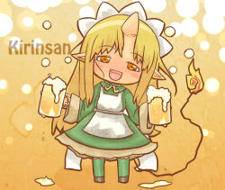 Rule 34 | 1girl, akihiyo, alcohol, apron, beer, blonde hair, blush stickers, chibi, cup, english text, fang, flame-tipped tail, foam, futaba channel, horns, kirin (nijiura maids), long hair, looking at viewer, maid, maid apron, maid headdress, nijiura maids, open mouth, orange eyes, personification, pointy ears, single horn, solo, sweat, tail