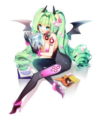 Rule 34 | 1girl, aqua eyes, bad id, bad pixiv id, barcode, barcode tattoo, bare shoulders, bodesuit, bodysuit, breasts, cherrypin, cleavage, drill hair, green hair, high heels, long hair, magazine (object), medium breasts, open mouth, original, reading, shoes, solo, tattoo, twintails, wings