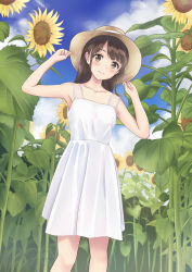 Rule 34 | 1girl, arm up, blue sky, brown eyes, brown hair, closed mouth, cloud, cloudy sky, collarbone, day, dress, flower, hand up, hat, highres, light smile, long hair, looking at viewer, original, outdoors, sky, smile, solo, standing, sun hat, sundress, sunflower, white dress, yukimaru217