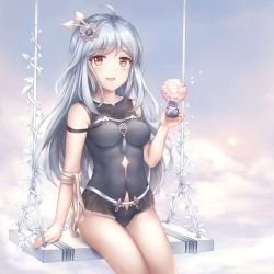 Rule 34 | 1girl, :d, ahoge, arm at side, arm strap, bare shoulders, black one-piece swimsuit, blue hair, blue sky, breasts, casual one-piece swimsuit, cloud, commentary request, eyao, flower, groin, hair ornament, heart, highres, holding, long hair, medium breasts, one-piece swimsuit, open mouth, original, outdoors, parted bangs, petals, pink flower, red eyes, sitting, sky, smile, solo, swimsuit, swing, tassel, thighs, vase, very long hair