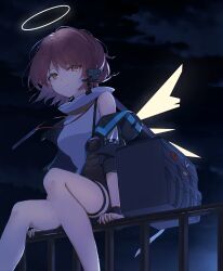 Rule 34 | 1girl, arknights, bag, black jacket, closed mouth, detached wings, earpiece, energy wings, exusiai (arknights), exusiai (midnight delivery) (arknights), halo, highres, jacket, mgmg cc211, night, official alternate costume, on railing, open clothes, open jacket, railing, red hair, shirt, short hair, shoulder bag, solo, thigh strap, white shirt, wings, yellow eyes