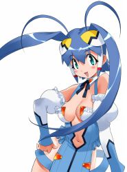 Rule 34 | 1girl, antenna hair, aoba anoa, black bow, black bowtie, blue hair, bow, bowtie, center opening, detached collar, detached sleeves, hand on own hip, highres, long hair, navel, non-web source, official art, open mouth, otomedius, pelvic curtain, puffy sleeves, revealing clothes, see-through, see-through skirt, simple background, skirt, solo, twintails, white background, yoshizaki mine