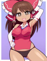 Rule 34 | 1girl, :d, agucala (cookie), arm behind head, armpits, black panties, bow, bow panties, breasts, bright pupils, brown eyes, brown hair, collared shirt, commentary request, cookie (touhou), dark-skinned female, dark skin, elbow gloves, frilled bow, frilled hair tubes, frills, gloves, hair bow, hair tubes, hakurei reimu, hand on own hip, hospital king, long hair, looking at viewer, medium bangs, medium breasts, no pants, open mouth, panties, purple background, red bow, red shirt, ribbon-trimmed gloves, ribbon trim, shirt, sidelocks, sleeveless, sleeveless shirt, smile, solo, touhou, two-tone background, underwear, white background, white gloves, white pupils