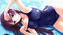Rule 34 | 1girl, arm up, armpits, breasts, cleavage, happy, highres, kanoe yuuko, large breasts, long hair, looking at viewer, lying, nylon (nylon 100%), on side, purple eyes, purple hair, solo, swimsuit, tasogare otome x amnesia