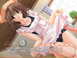 Rule 34 | 1girl, apron, bin can darling, clothes lift, dutch angle, game cg, head scarf, jpeg artifacts, one-piece swimsuit, school swimsuit, skirt, skirt lift, solo, swimsuit, swimsuit under clothes, visual novel
