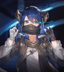Rule 34 | 1girl, absurdres, arknights, asymmetrical gloves, black gloves, black jacket, blue eyes, blue hair, commentary, gloves, halo, hands up, highres, holding, holding mask, horns, huge filesize, jacket, long hair, long sleeves, looking at viewer, mask, mismatched gloves, mostima (arknights), shirt, solo, upper body, white gloves, white shirt, xinfei