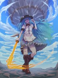 Rule 34 | 1girl, absurdres, apron, black hat, blouse, blue hair, blue skirt, boots, bow, brown footwear, buttons, cross-laced footwear, flaming sword, flaming weapon, food, frills, fruit, hat, highres, hinanawi tenshi, kaden (muxt8423), knee boots, lace-up boots, leaf, long hair, looking at viewer, neck ribbon, peach, puffy short sleeves, puffy sleeves, rainbow order, red bow, red eyes, ribbon, shirt, short sleeves, skirt, solo, sword, sword of hisou, touhou, weapon, white shirt, wing collar