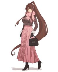 Rule 34 | 1girl, alternate costume, bag, black footwear, boots, brown hair, brown sweater, fur-trimmed sweater, fur trim, handbag, high heel boots, high heels, highres, kantai collection, kasumi (skchkko), long hair, long skirt, pink scarf, pink skirt, pleated skirt, red eyes, ribbed sweater, scarf, simple background, skirt, solo, sweater, very long hair, white background, yamato (kancolle)