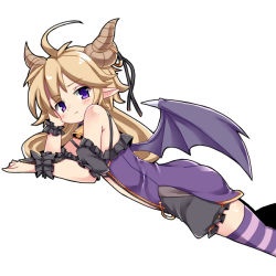 Rule 34 | 1girl, ahoge, bell, belphe (sennen sensou aigis), black ribbon, black scrunchie, blonde hair, dragon horns, dragon wings, horns, long hair, looking at viewer, low twintails, lying, nemui (nemui), on stomach, pointy ears, purple eyes, purple thighhighs, ribbon, scrunchie, sennen sensou aigis, simple background, solo, striped clothes, striped thighhighs, thighhighs, twintails, wings, wrist scrunchie
