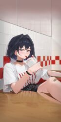 Rule 34 | 1girl, absurdres, bandaid, bandaid on knee, bandaid on leg, black choker, black eyes, black hair, choker, cup, drinking straw, drinking straw in mouth, earrings, feet on table, hair intakes, highres, holding, holding cup, hololive, hololive english, indoors, jewelry, looking at viewer, ouro kronii, shirt, short hair, short sleeves, solo, starshell, virtual youtuber, white shirt