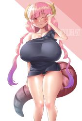 Rule 34 | 1girl, absurdres, black panties, black skirt, blush, breasts, closed mouth, collarbone, covered erect nipples, cowboy shot, dragon horns, dragon tail, evil-dei, gluteal fold, gradient hair, half-closed eyes, highres, horns, huge breasts, ilulu (maidragon), kobayashi-san chi no maidragon, looking at viewer, monster girl, multicolored hair, off shoulder, one eye closed, panties, pink background, pink eyes, pink hair, purple hair, skirt, sleepy, slit pupils, solo, standing, tail, thick thighs, thigh gap, thighs, twintails, two-tone hair, underwear, white background