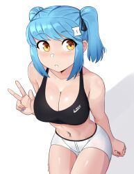 Rule 34 | 1girl, :o, absurdres, bare shoulders, bike shorts, blue hair, blush, brand name imitation, breasts, cleavage, collarbone, english text, from above, hair ornament, hairclip, highres, ii (peps art), large breasts, light blue hair, looking at viewer, multicolored nails, navel, navel piercing, orange hair, original, peps art, piercing, short shorts, short twintails, shorts, sidelocks, simple background, sitting, solo, sports bra, swept bangs, thigh gap, twintails, v, white background