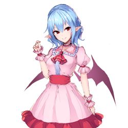 Rule 34 | 1girl, absurdres, ascot, bat wings, blue hair, breasts, choker, commentary, dated commentary, dress, frilled choker, frilled shirt collar, frills, hair between eyes, highres, junior27016, looking at viewer, medium breasts, medium hair, pink dress, pointy ears, puffy short sleeves, puffy sleeves, red ascot, red eyes, remilia scarlet, short sleeves, simple background, sketch, smile, solo, touhou, wings, wrist cuffs