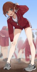 Rule 34 | 1girl, absurdres, blue sky, blurry, blurry background, blush, brown hair, commentary request, day, full body, grey eyes, grey footwear, gym shorts, hand on own knee, highres, jacket, kopaka (karda nui), long hair, long sleeves, looking at viewer, multiple others, open mouth, original, red jacket, red shorts, shirt, shorts, side ponytail, sky, solo focus, track jacket, white shirt